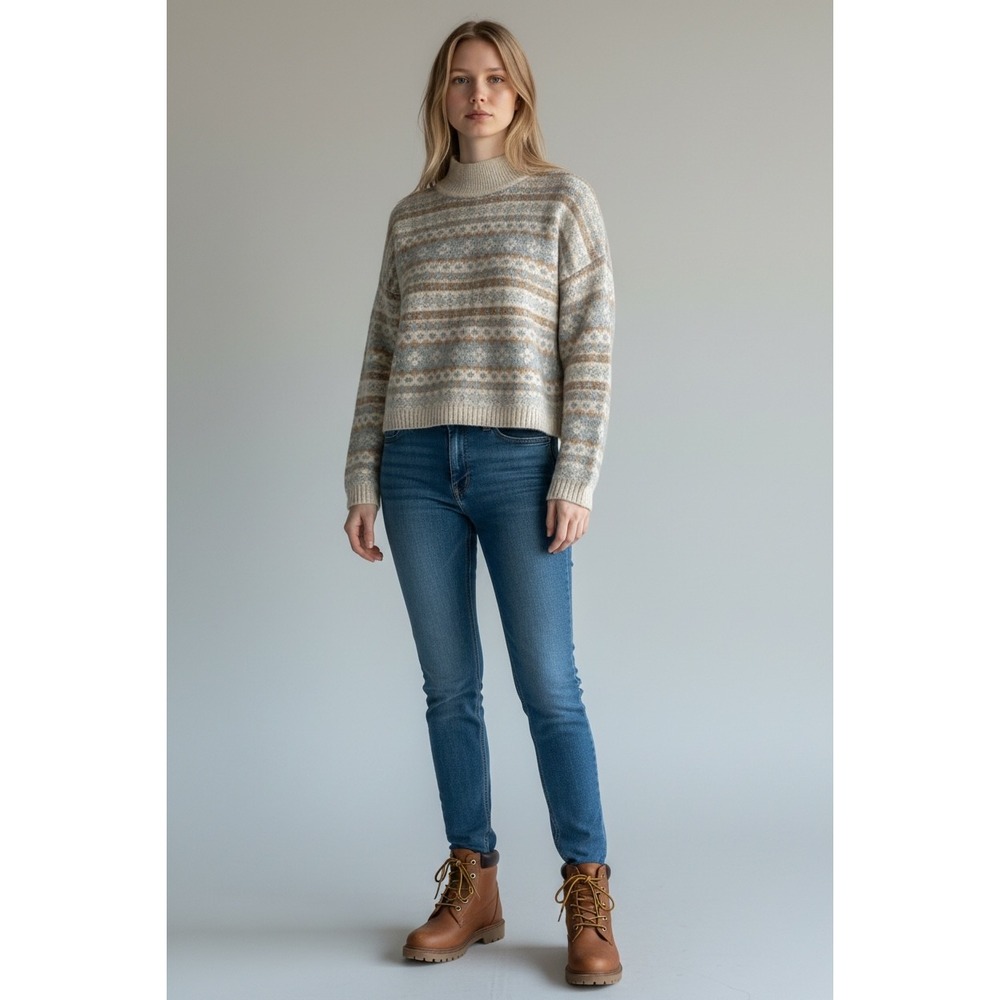 London Kaye Fair Isle Sweater Women Small Cream/Brown Alpaca Blend Cropped Soft